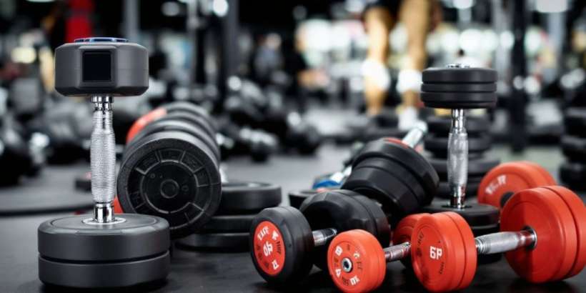 Einstellbare und feste Hanteln im Fitnessstudio.