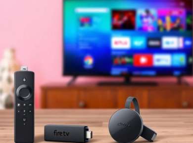 Fire TV Stick und Chromecast Geräte auf einem Tisch.