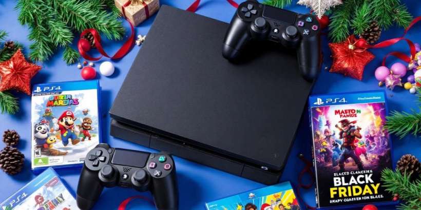 PlayStation Konsole mit Spielen und Controllern für Black Friday.