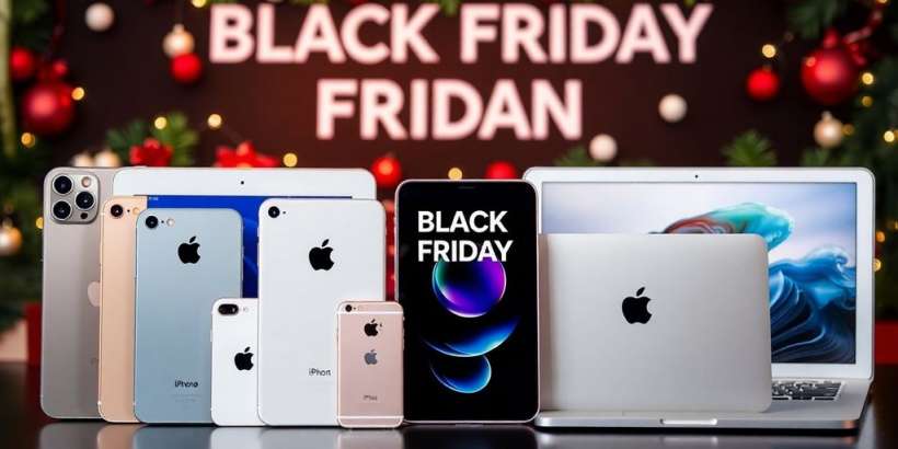 Anordnung verschiedener Apple Produkte für Black Friday 2024.