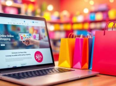 Laptop mit Rossmann-Website und bunten Einkaufstaschen.