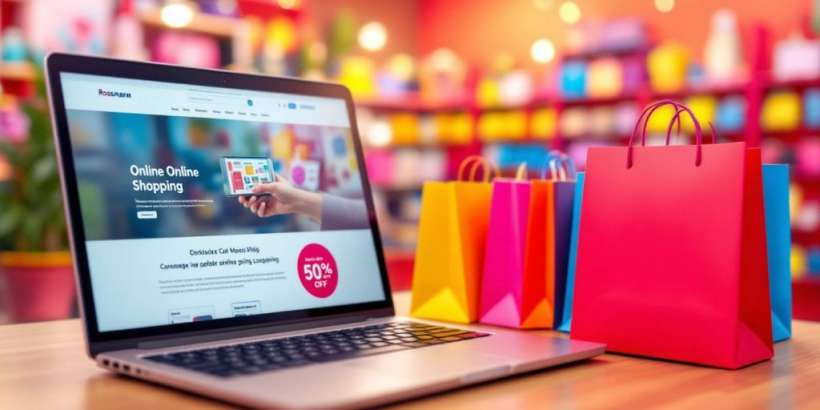 Laptop mit Rossmann-Website und bunten Einkaufstaschen.
