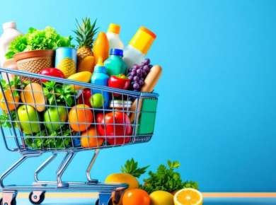 Einkaufswagen mit Lebensmitteln im Aldi Online-Shop.