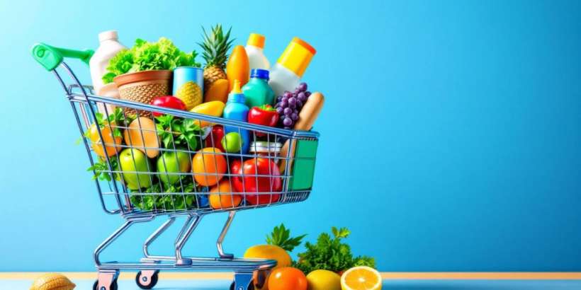 Einkaufswagen mit Lebensmitteln im Aldi Online-Shop.