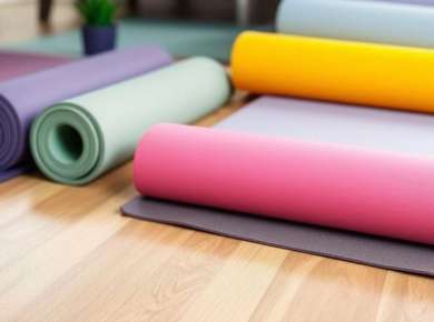 Verschiedene Yogamatten in dicker und dünner Ausführung.