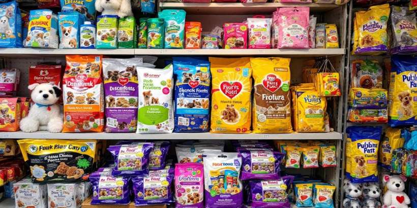 Vielfalt an Tiernahrung und Zubehör im Geschäft.