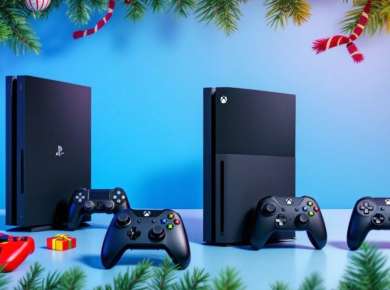PlayStation und Xbox Konsolen mit Controllern und Dekorationen.