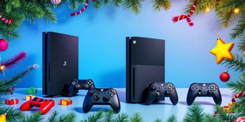 PlayStation und Xbox Konsolen mit Controllern und Dekorationen.