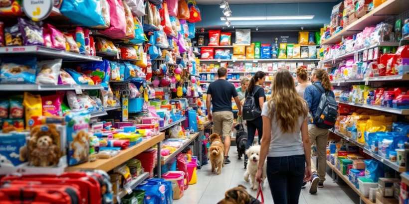 Bunte Tierbedarfsartikel in einem Geschäft.