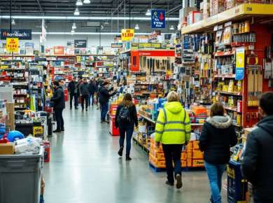 Hornbach Filiale mit bunten Heimwerker Produkten.
