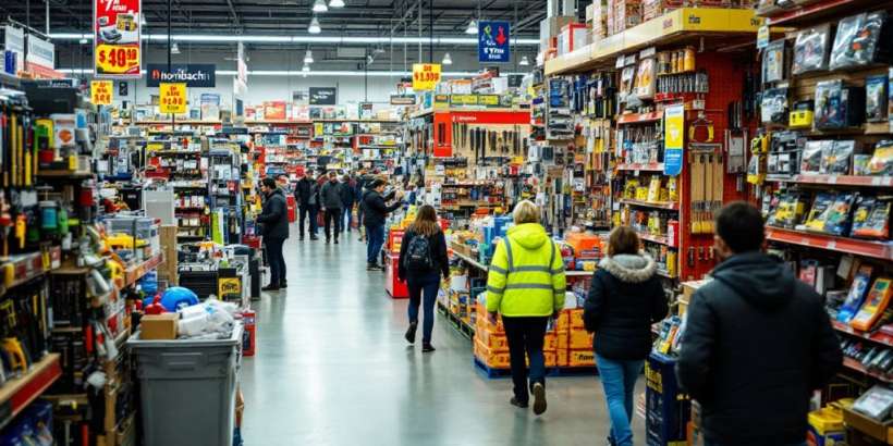 Hornbach Filiale mit bunten Heimwerker Produkten.