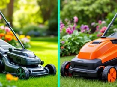 Elektrischer und Akku-Rasenmäher im Garten.