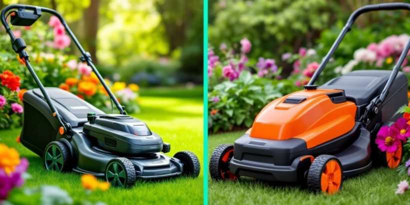 Elektrischer und Akku-Rasenmäher im Garten.