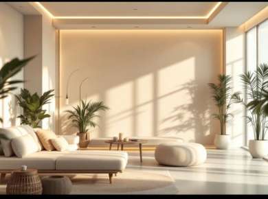 Moderne Spa-Umgebung mit entspannenden Farben und Pflanzen.
