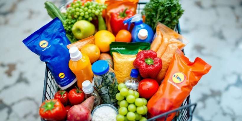 Bunte Auswahl an Lidl-Produkten im Einkaufswagen.