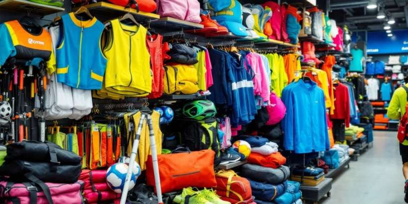 Vielfalt an Sportartikeln im Decathlon Geschäft.