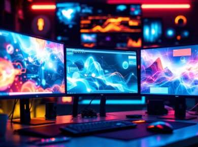 Moderne digitale Arbeitsumgebung mit mehreren Bildschirmen.