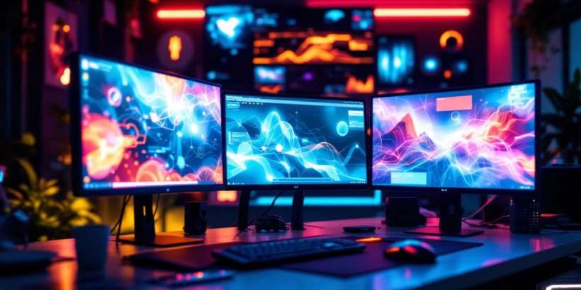 Moderne digitale Arbeitsumgebung mit mehreren Bildschirmen.