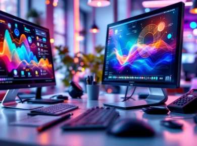 Moderner Arbeitsplatz mit Technologie und Computer.