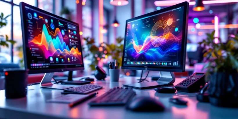 Moderner Arbeitsplatz mit Technologie und Computer.