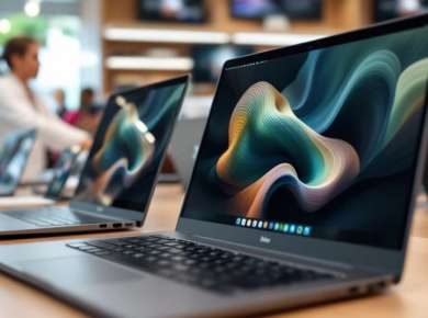 Laptops und Notebooks in einem Elektronikgeschäft.