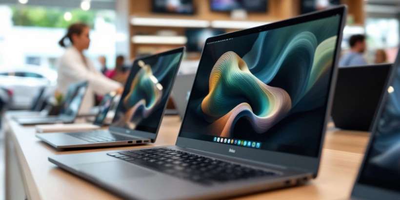 Laptops und Notebooks in einem Elektronikgeschäft.