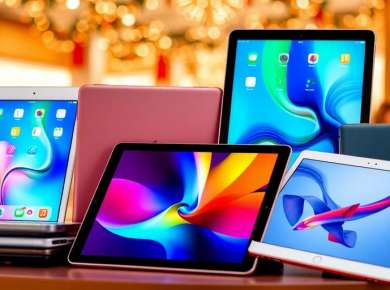 Farbenfrohe iPads in einem festlichen Einkaufsumfeld.