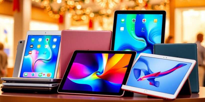 Farbenfrohe iPads in einem festlichen Einkaufsumfeld.