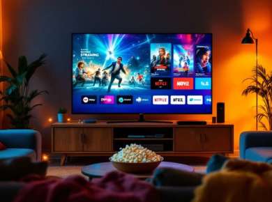 Gemütliches Wohnzimmer mit Fernseher und Streaming-Diensten.