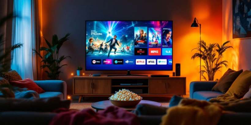 Gemütliches Wohnzimmer mit Fernseher und Streaming-Diensten.