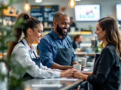Moderne Servicestation mit freundlichem Personal und Kunden.