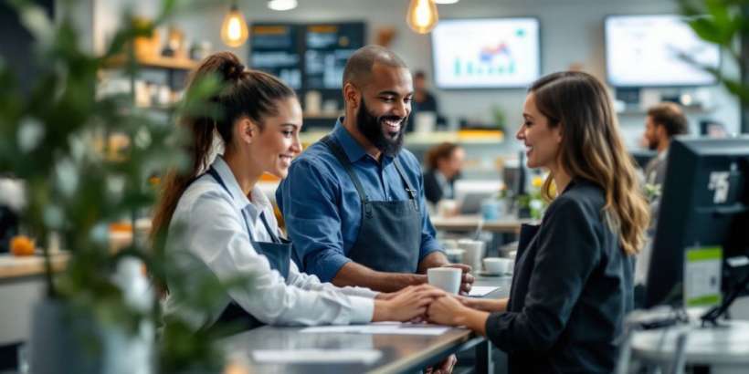 Moderne Servicestation mit freundlichem Personal und Kunden.