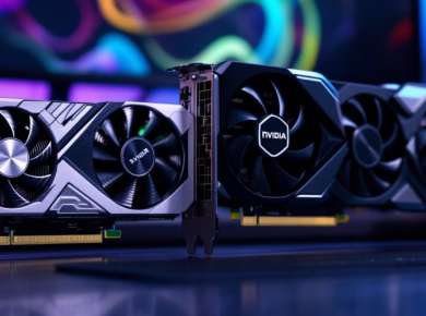 Nvidia und AMD Grafikkarten nebeneinander auf einem Tisch.