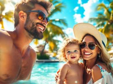 Familie am Strand im Urlaub mit Palmen.