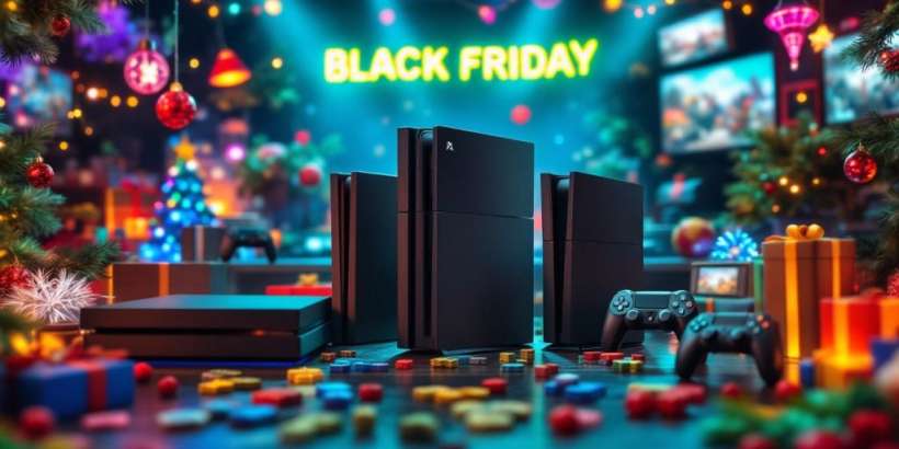 Spielekonsole und Zubehör in festlicher Umgebung.