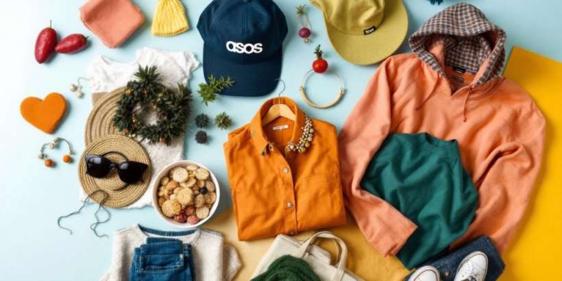 Verschiedene modische Produkte von Asos auf einem Hintergrund.
