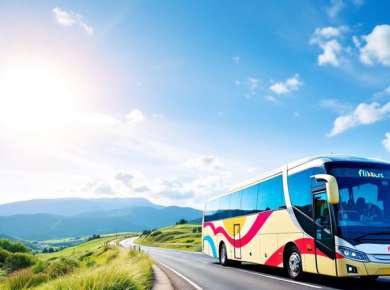 Grüner Flixbus auf malerischer Straße durch die Natur.