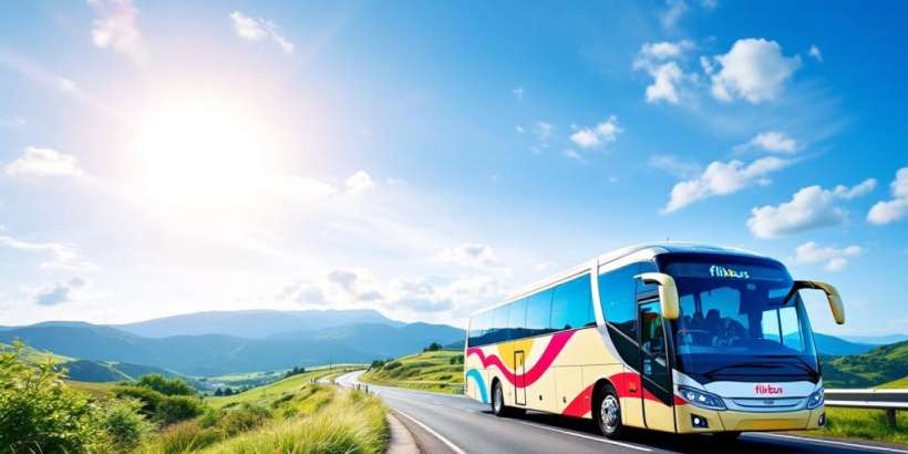 Grüner Flixbus auf malerischer Straße durch die Natur.