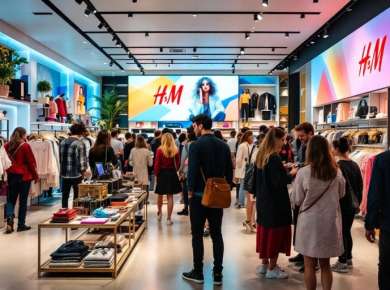 H&M Geschäft mit modischen Kleidungsstücken und Kunden.