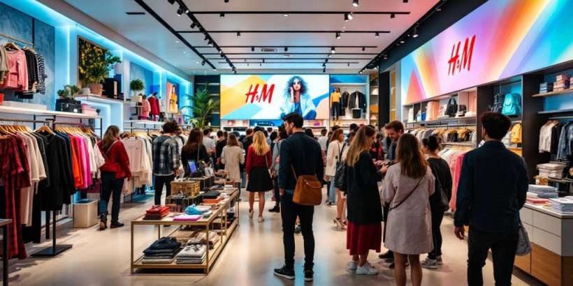 H&M Geschäft mit modischen Kleidungsstücken und Kunden.