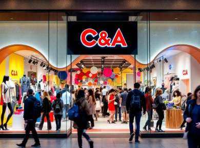 C&A Laden mit vielen Kunden und bunten Auslagen.