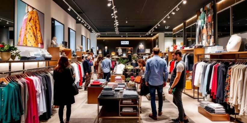 Eleganter Modegeschäft mit stilvollen Kleidungsstücken und Kunden.