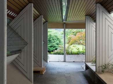 a building with a wood floor and a wood roof