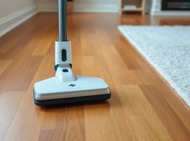 Moderner kabelloser Staubsauger auf Holzfußboden.