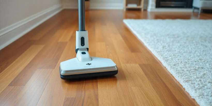 Moderner kabelloser Staubsauger auf Holzfußboden.