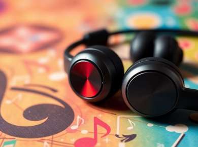 Stylische in-ear Bluetooth Kopfhörer auf buntem Hintergrund.
