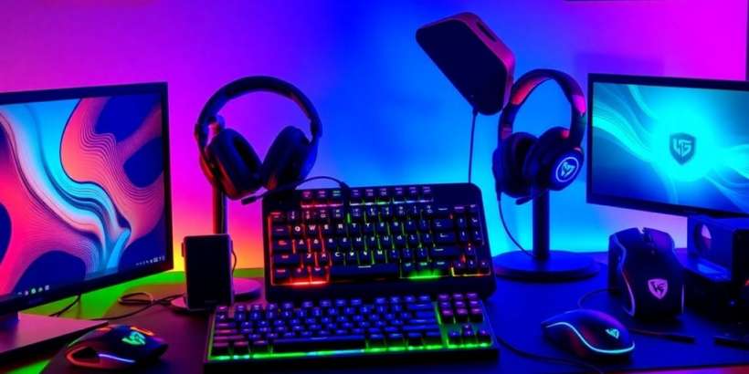 Farbenfrohe Auswahl günstiger Gaming-Produkte auf einem Tisch.