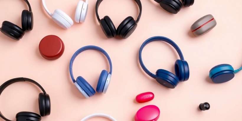 Bunte Auswahl an günstigen Bluetooth-Kopfhörern auf einem Tisch.
