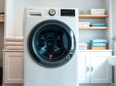 Moderne Waschmaschine in einem stilvollen Waschraum.