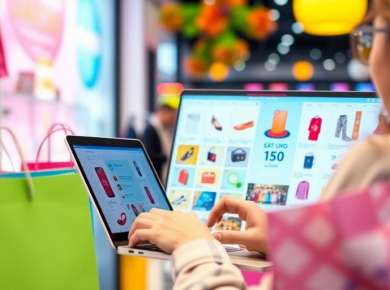 Person vergleicht Preise online mit Laptop und Einkaufstaschen.
